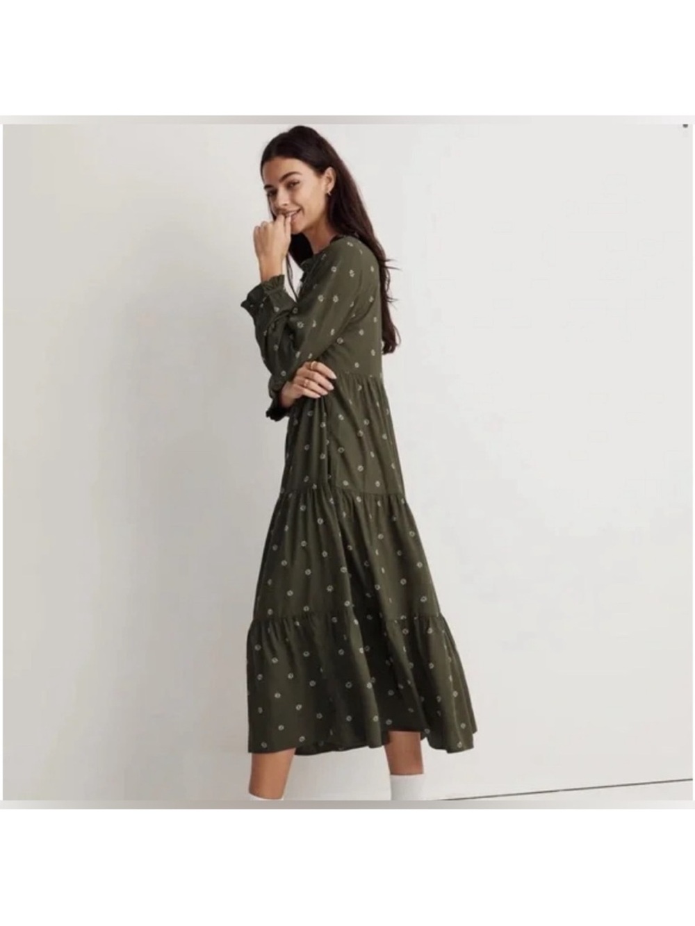 Madewell Olive Green Tiered Midi Dress with Subtle Floral Print